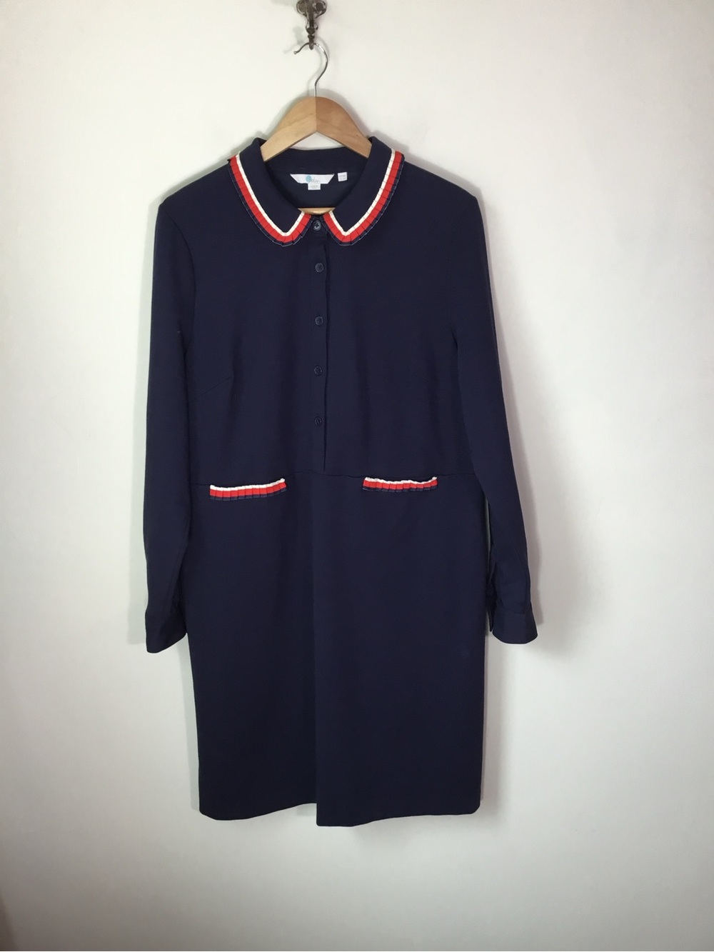 Boden Navy Sandro Textured Dress with Red, White, and Navy Twisted Braid Trim